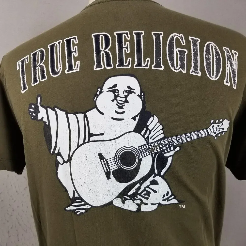 True Religion Shirt Mens Medium‎ Green Buddha Guitar Graphic Tee Logo Casual